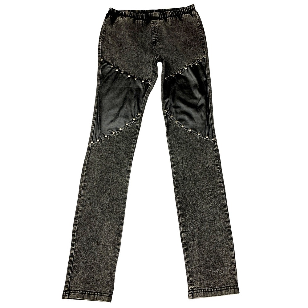 Voice of California Acid Wash Studded Faux Leather Panel Leggings Grey Punk‎ S